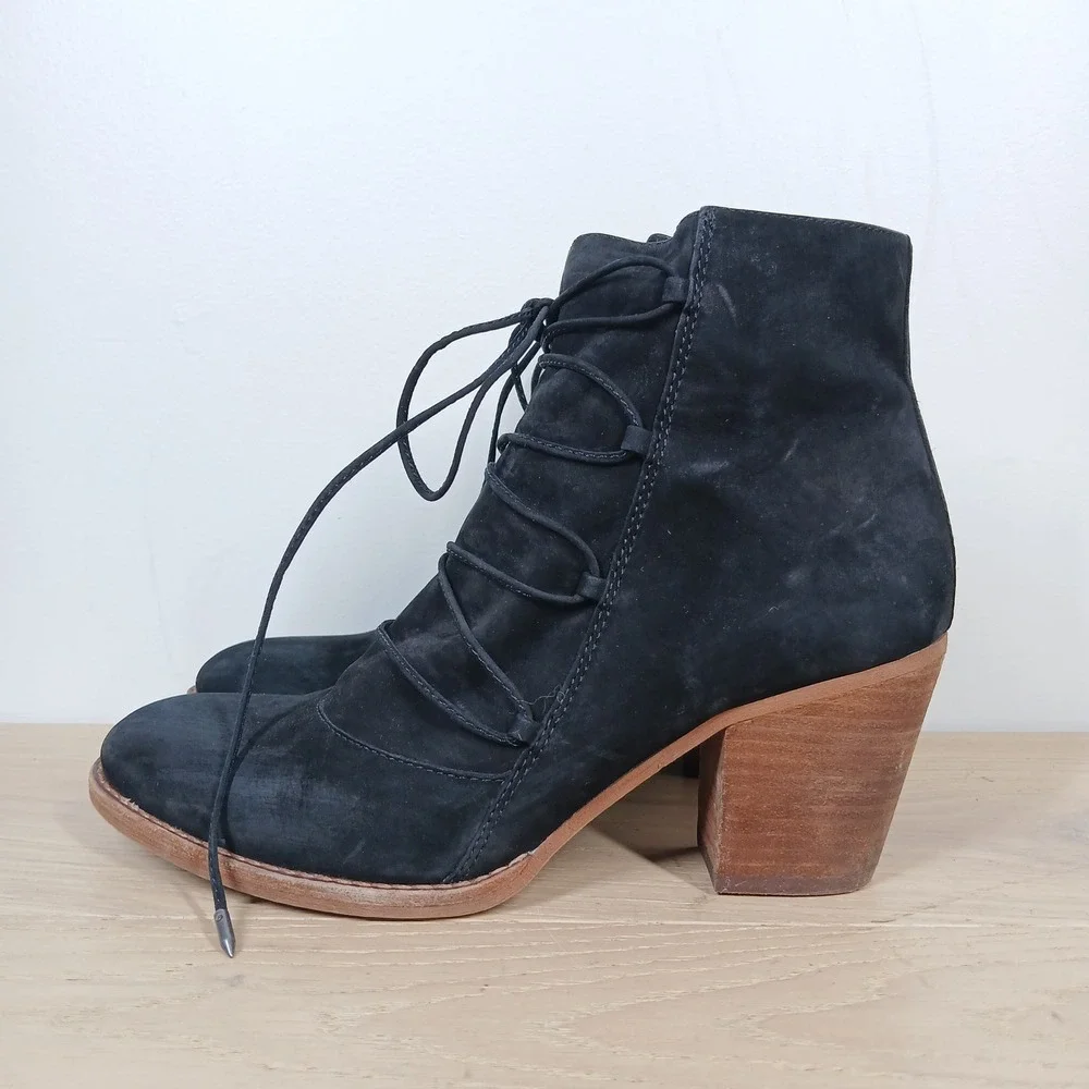 Sam Edelman Millard Ankle Boots Womens 9 Black Leather Lace Up Block Heel